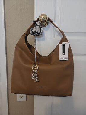 Nine West Brown Shoulder Hobo with Gold Charm and Snake Accent